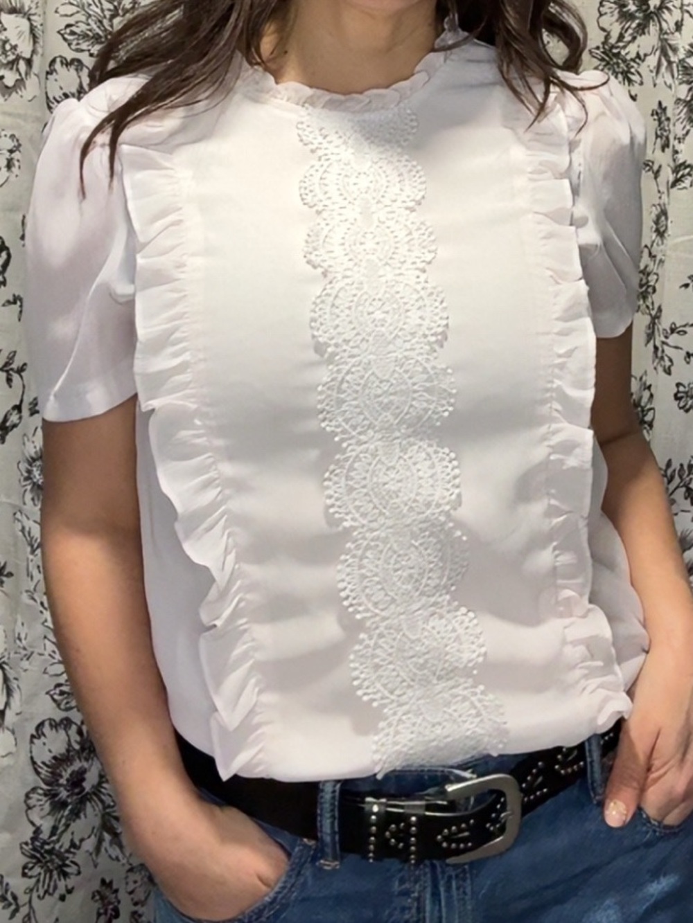 White Ruffled Lace Front Blouse - Picture 6 of 7